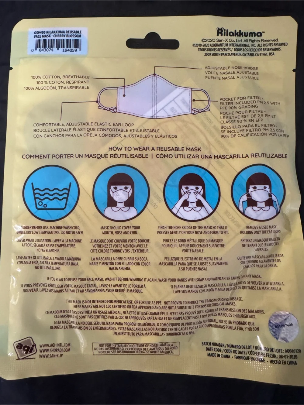 Rilakumma Cutesy design Reusable Adult Face Mask — NWT — Sealed.